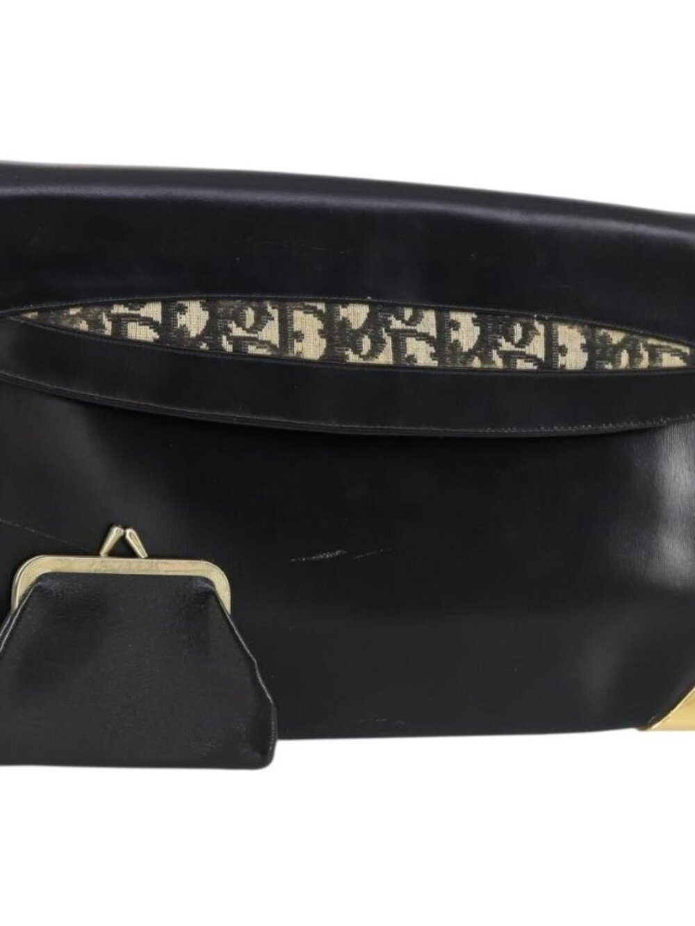 Christian Dior Trotter Canvas Clutch Bag Leather Black Gold Auth 152263